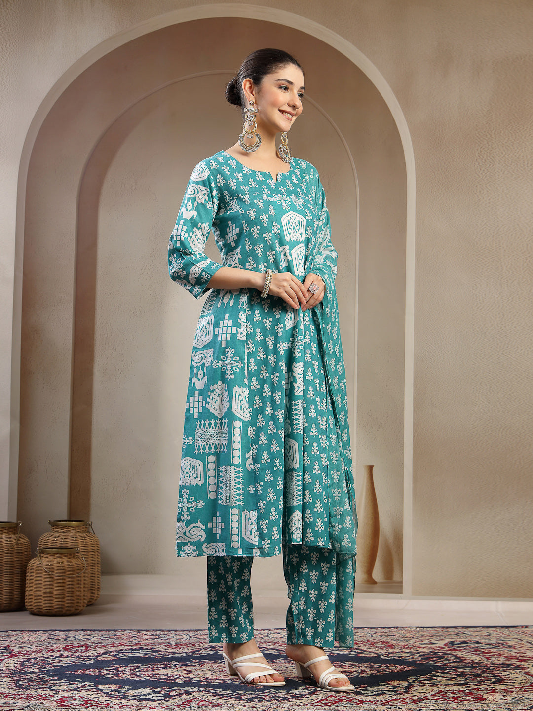 Printed Cotton Flared Kurta Pant Dupatta Set