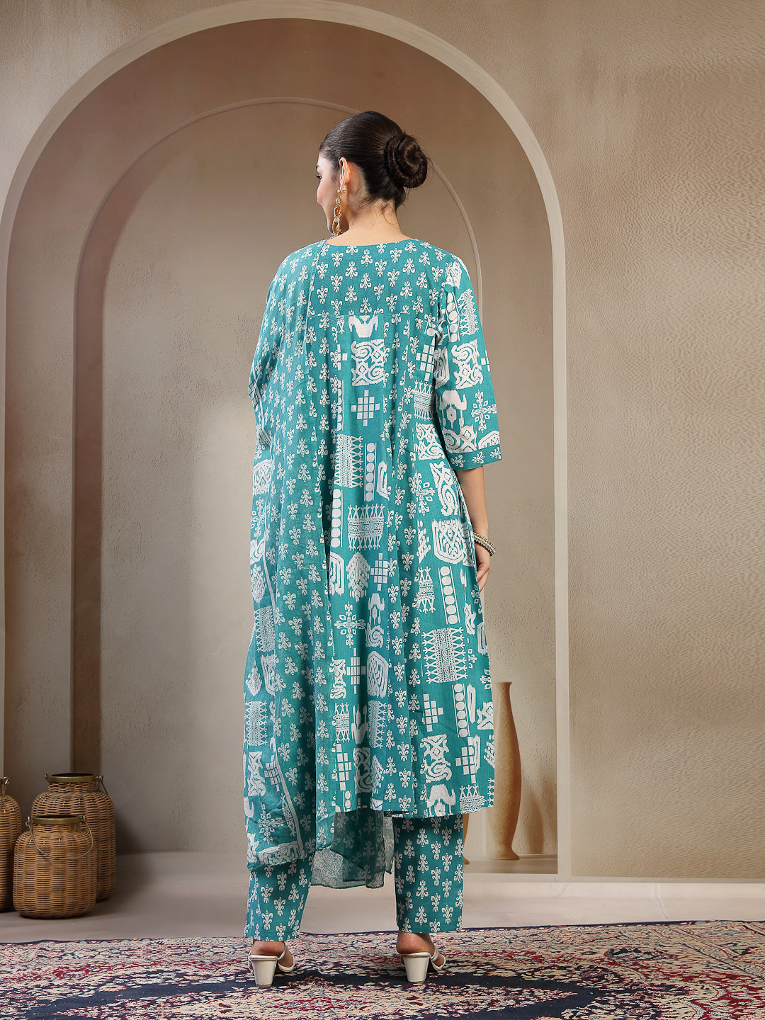 Printed Cotton Flared Kurta Pant Dupatta Set