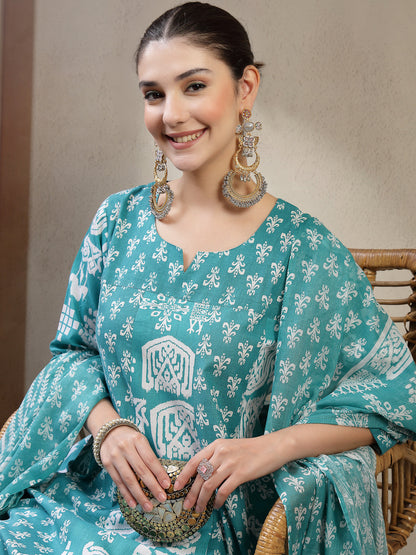 Printed Cotton Flared Kurta Pant Dupatta Set