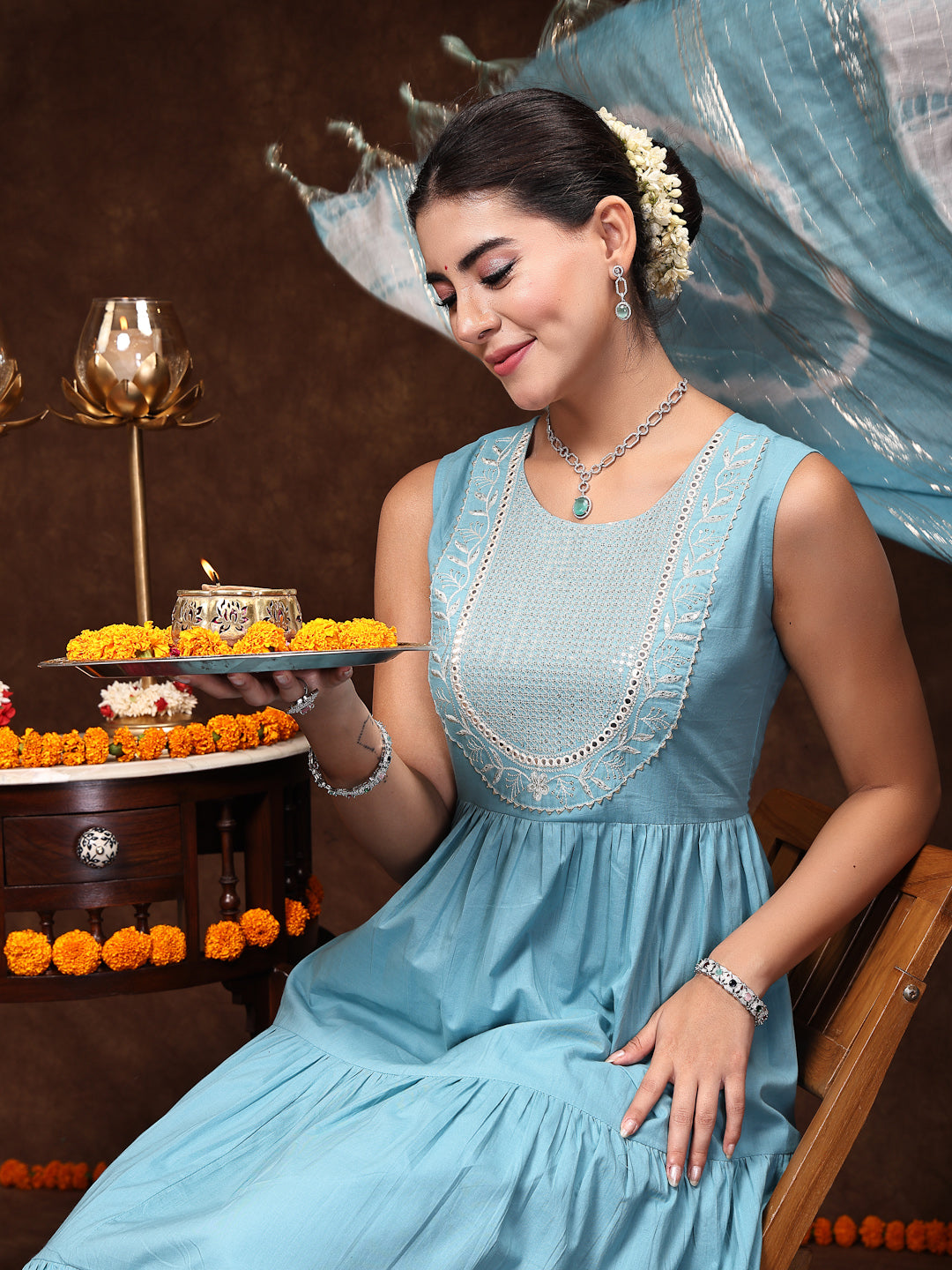 Aqua Blue Solid & Embroidered Cotton Tiered Kurta Pant Dupatta Set (Pre-Order)