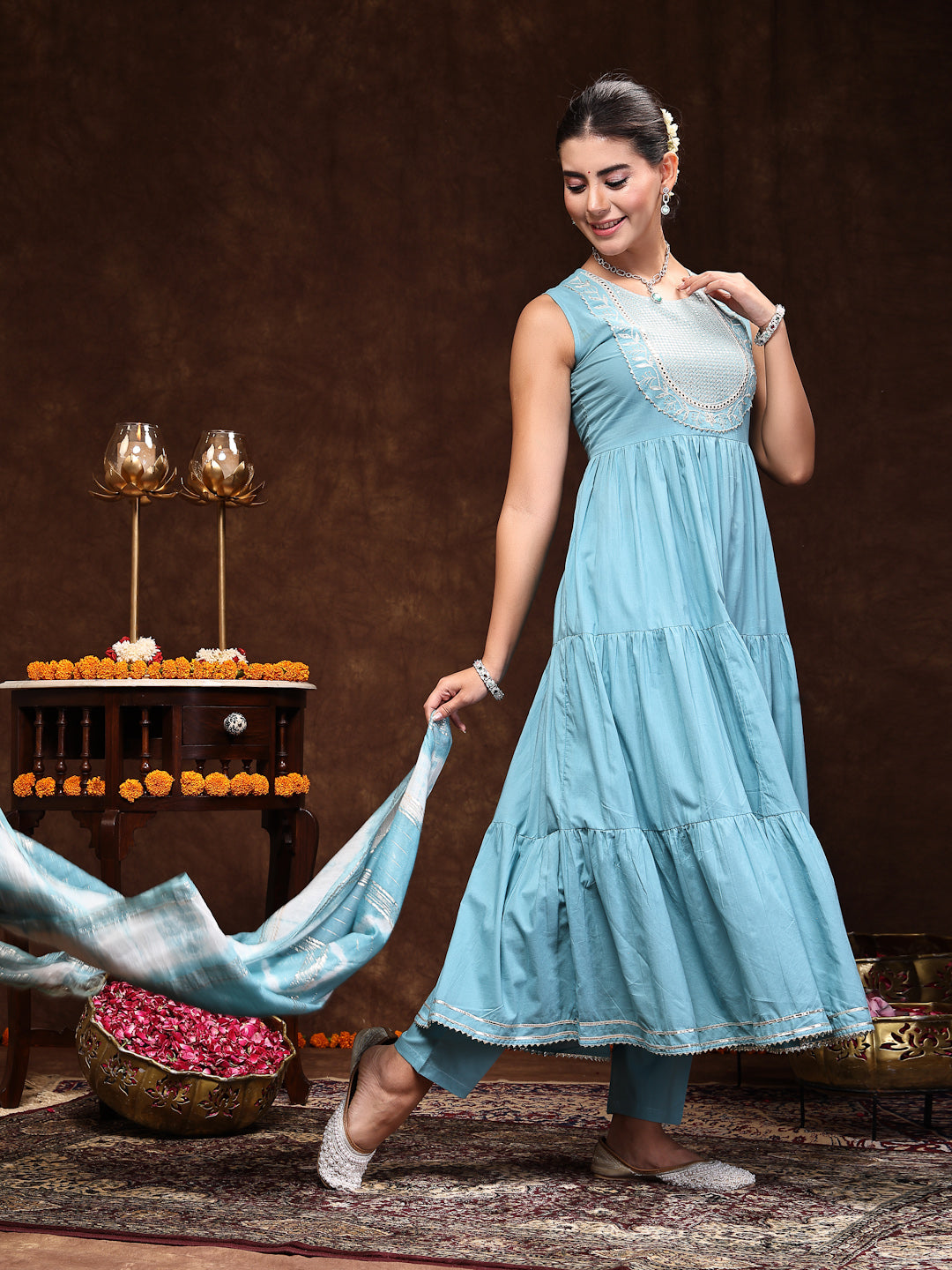 Aqua Blue Solid & Embroidered Cotton Tiered Kurta Pant Dupatta Set (Pre-Order)