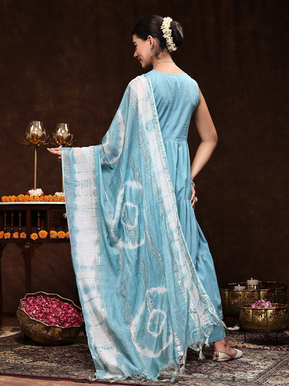 Aqua Blue Solid & Embroidered Cotton Tiered Kurta Pant Dupatta Set