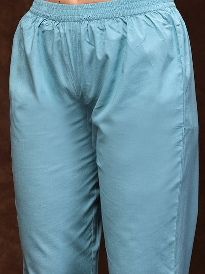Aqua Blue Solid & Embroidered Cotton Tiered Kurta Pant Dupatta Set