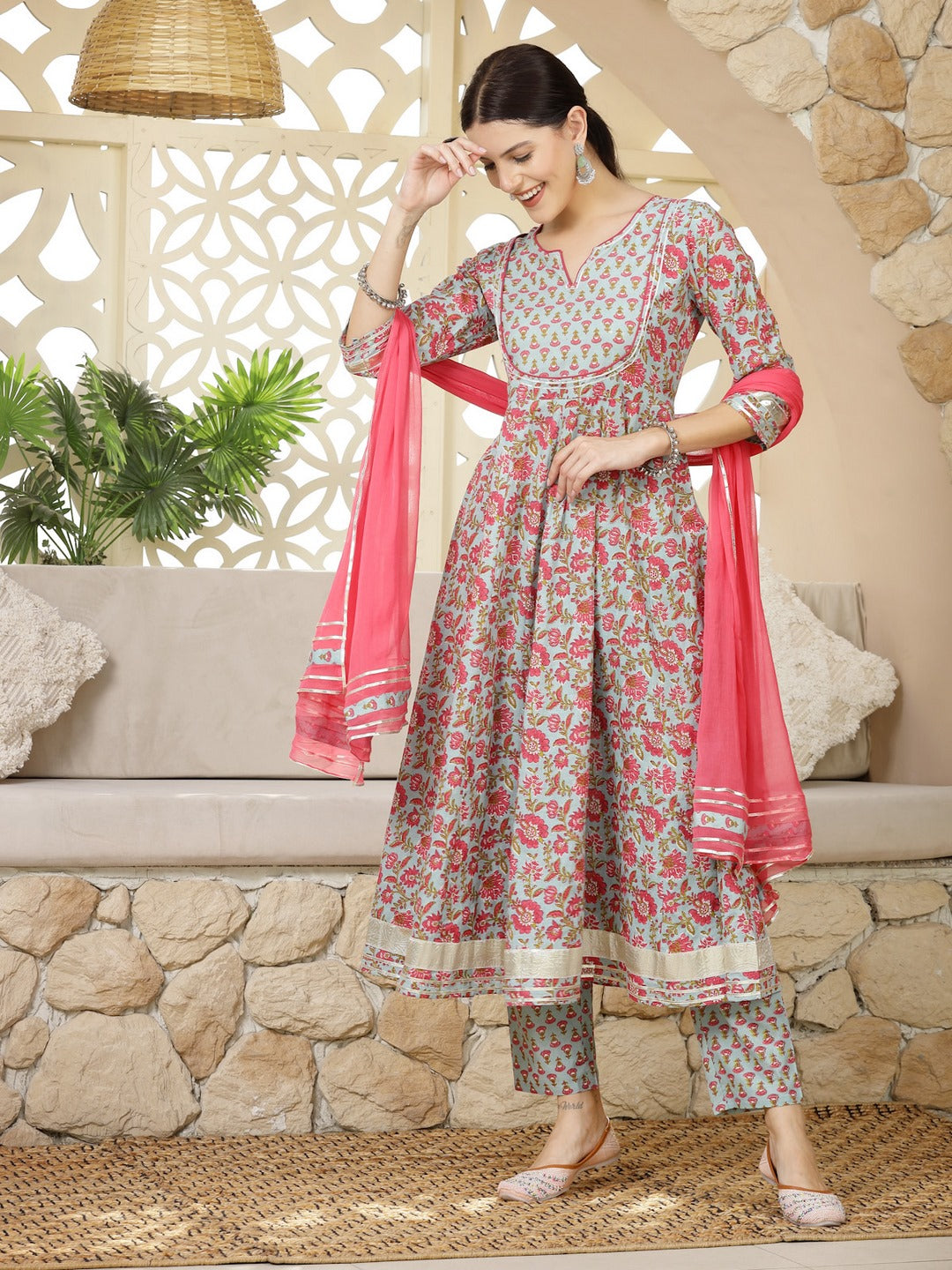 Turquoise Madhubani Printed Cotton Anarkali Kurta Pant Dupatta Set