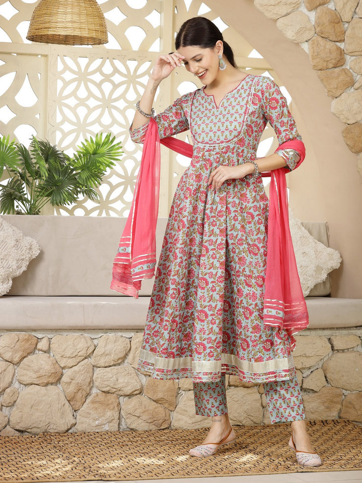 Turquoise Madhubani Printed Cotton Anarkali Kurta Pant Dupatta Set