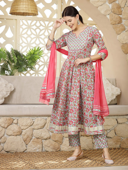 Turquoise Madhubani Printed Cotton Anarkali Kurta Pant Dupatta Set (Pre-Order)