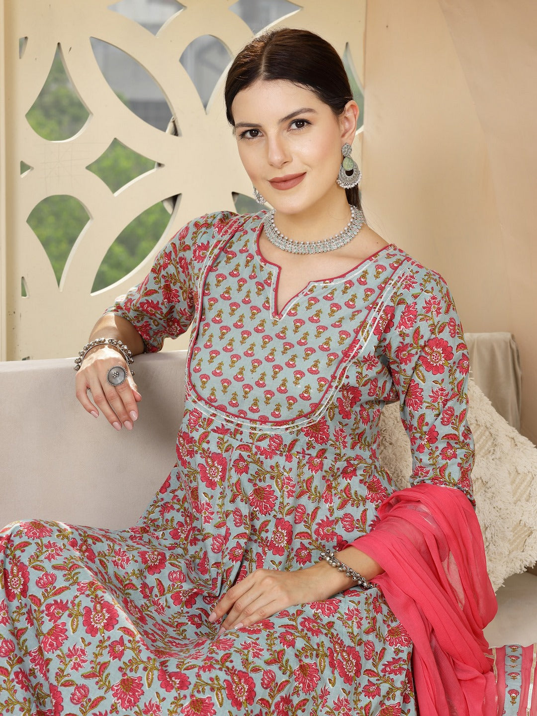 Turquoise Madhubani Printed Cotton Anarkali Kurta Pant Dupatta Set (Pre-Order)