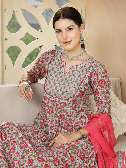 Turquoise Madhubani Printed Cotton Anarkali Kurta Pant Dupatta Set (Pre-Order)