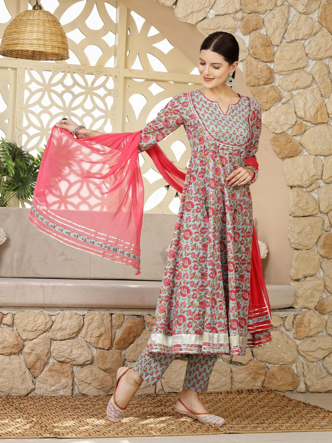 Turquoise Madhubani Printed Cotton Anarkali Kurta Pant Dupatta Set (Pre-Order)