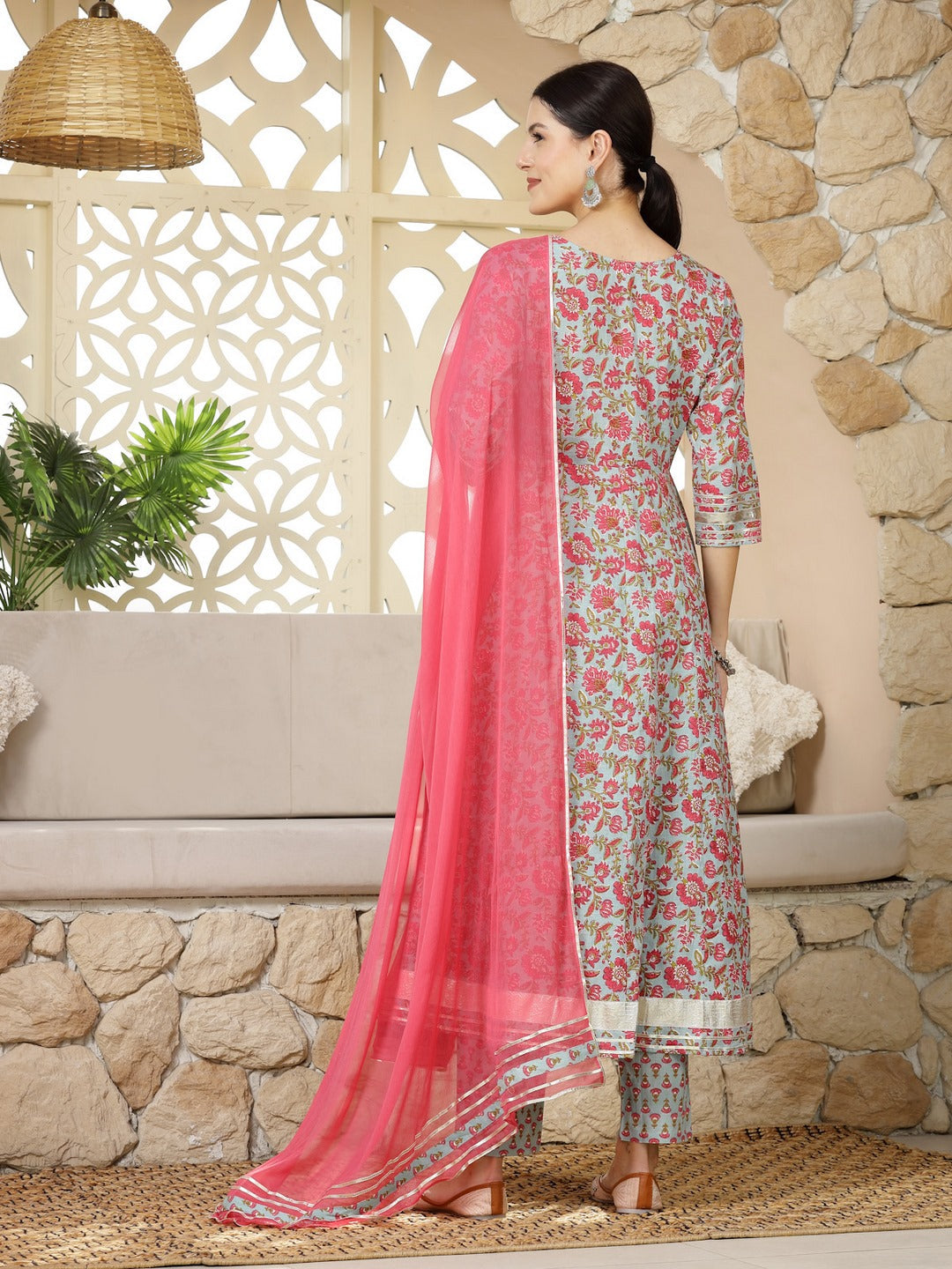 Turquoise Madhubani Printed Cotton Anarkali Kurta Pant Dupatta Set