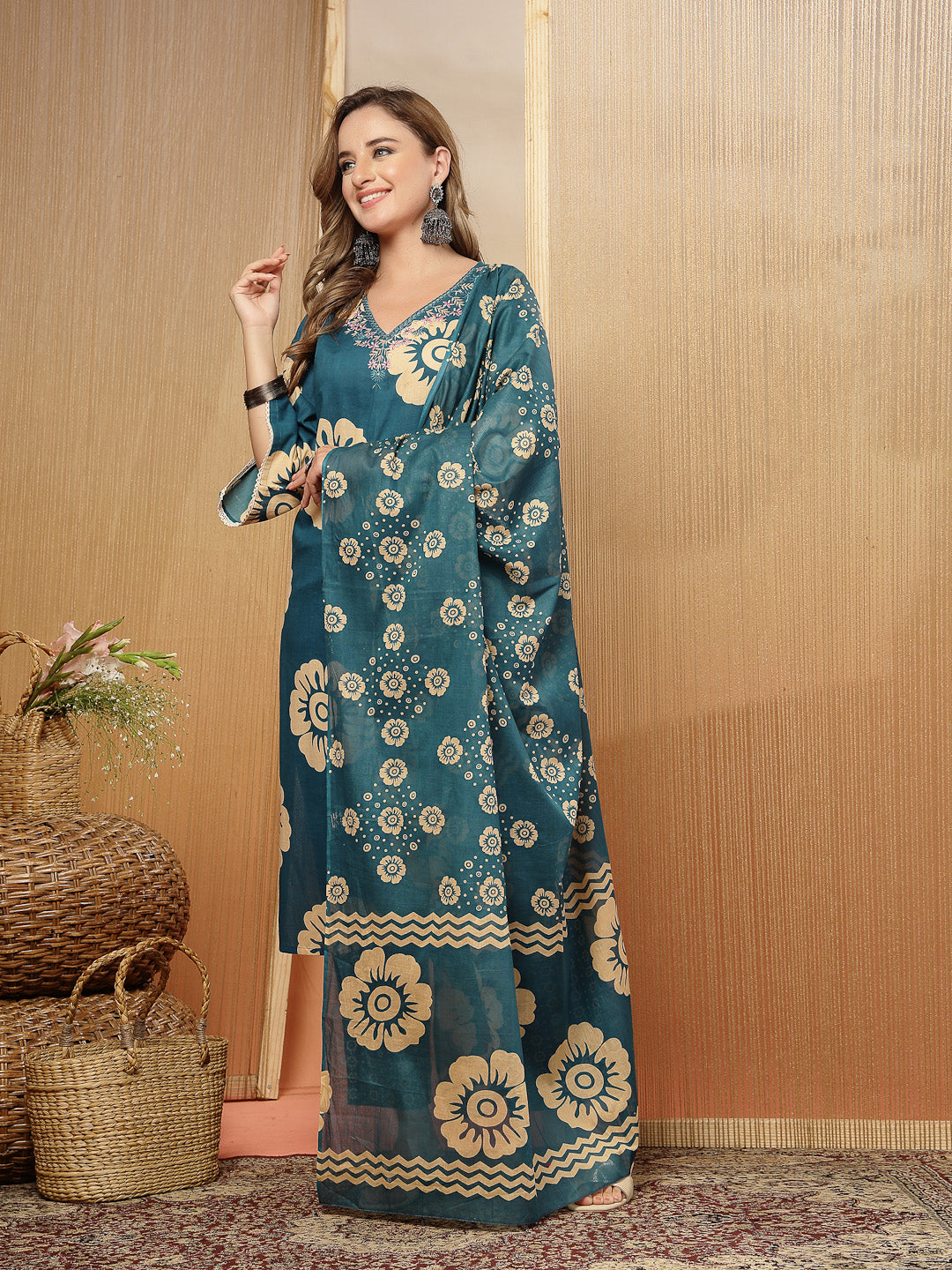 Blue Floral Printed Cotton Straight Kurta Pant Dupatta Set