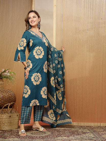 Blue Floral Printed Cotton Straight Kurta Pant Dupatta Set