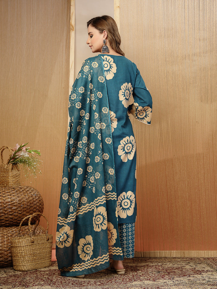 Blue Floral Printed Cotton Straight Kurta Pant Dupatta Set