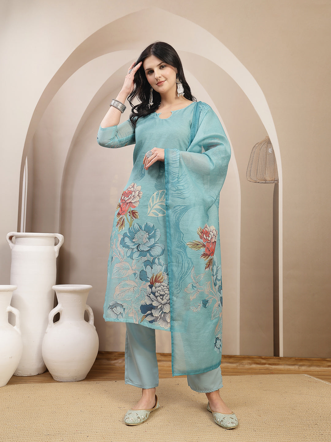 Floral Printed Chanderi Silk Straight Kurta Pant Dupatta Set