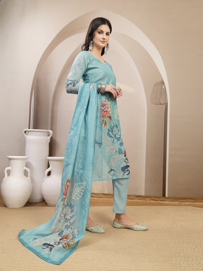 Floral Printed Chanderi Silk Straight Kurta Pant Dupatta Set