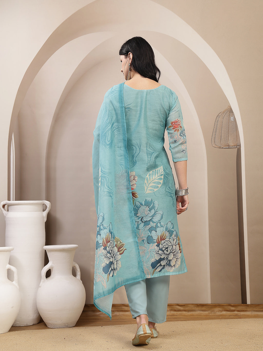 Floral Printed Chanderi Silk Straight Kurta Pant Dupatta Set