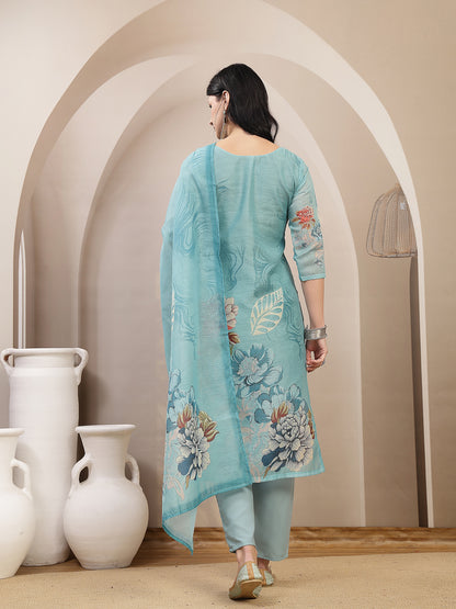 Floral Printed Chanderi Silk Straight Kurta Pant Dupatta Set