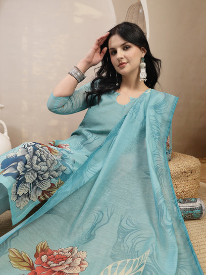 Floral Printed Chanderi Silk Straight Kurta Pant Dupatta Set