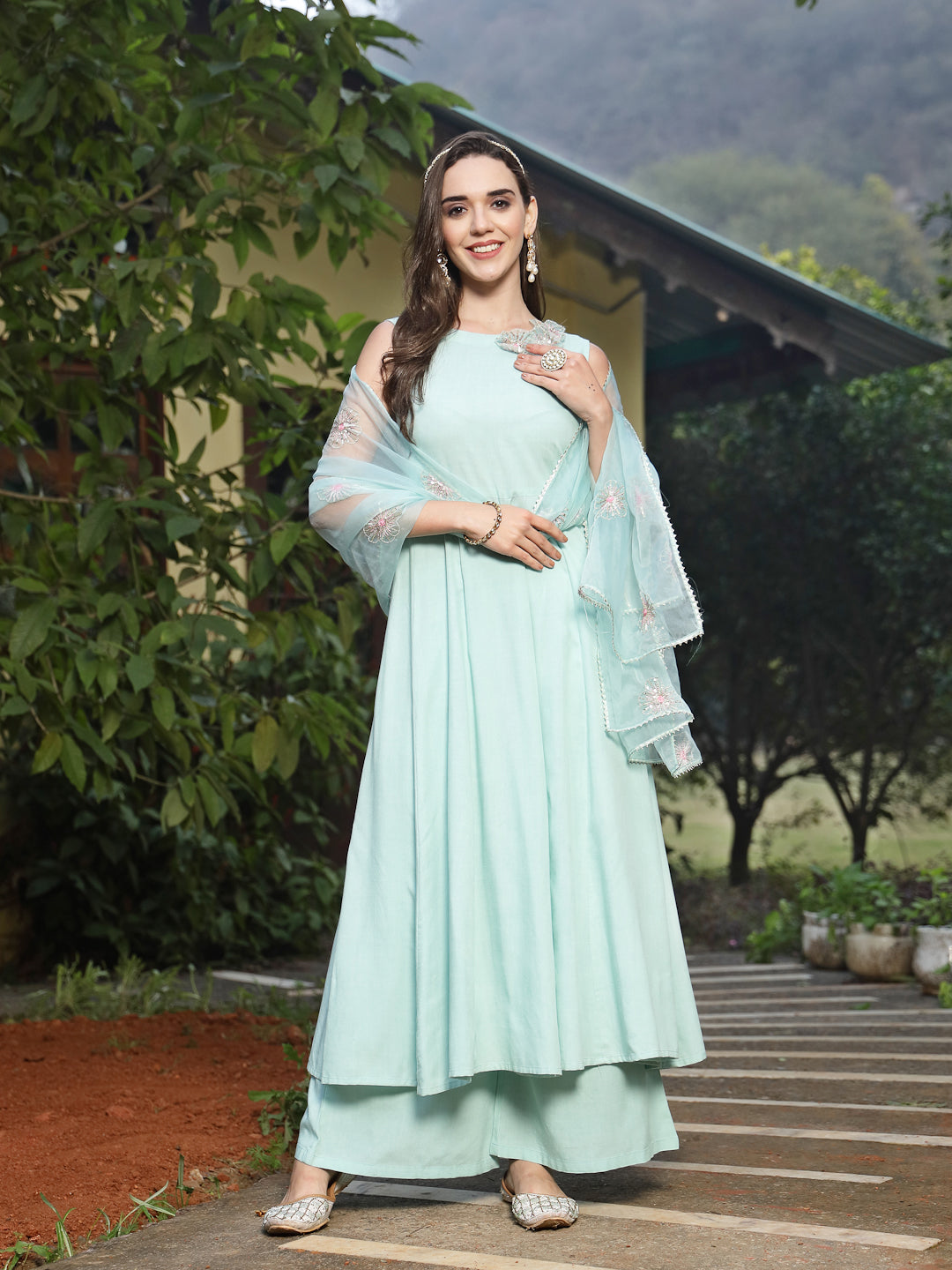 Sky Blue Solid & Embellished Rayon Flared Kurta Palazzo Dupatta Set