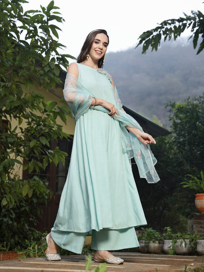 Sky Blue Solid & Embellished Rayon Flared Kurta Palazzo Dupatta Set