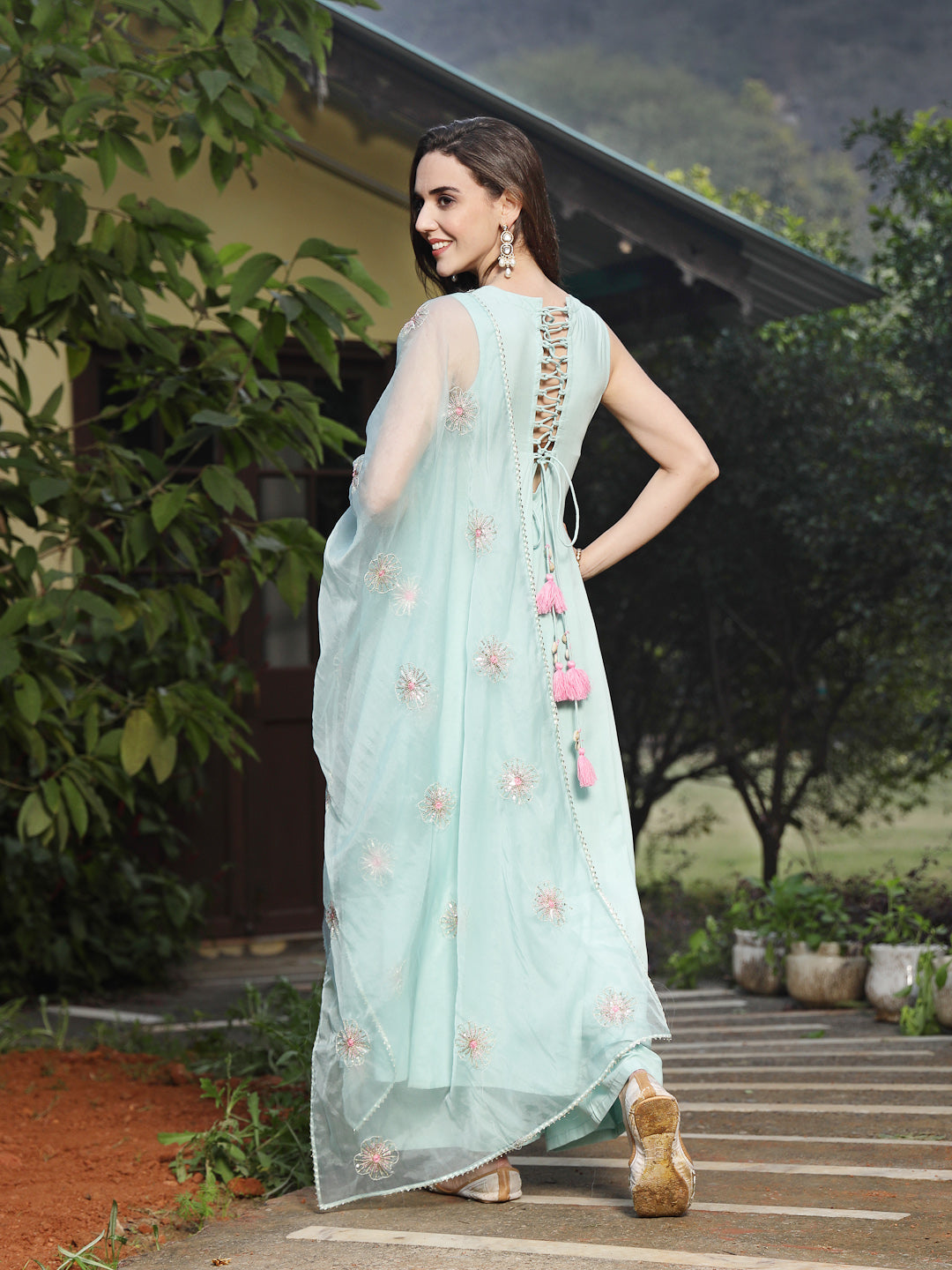 Sky Blue Solid & Embellished Rayon Flared Kurta Palazzo Dupatta Set