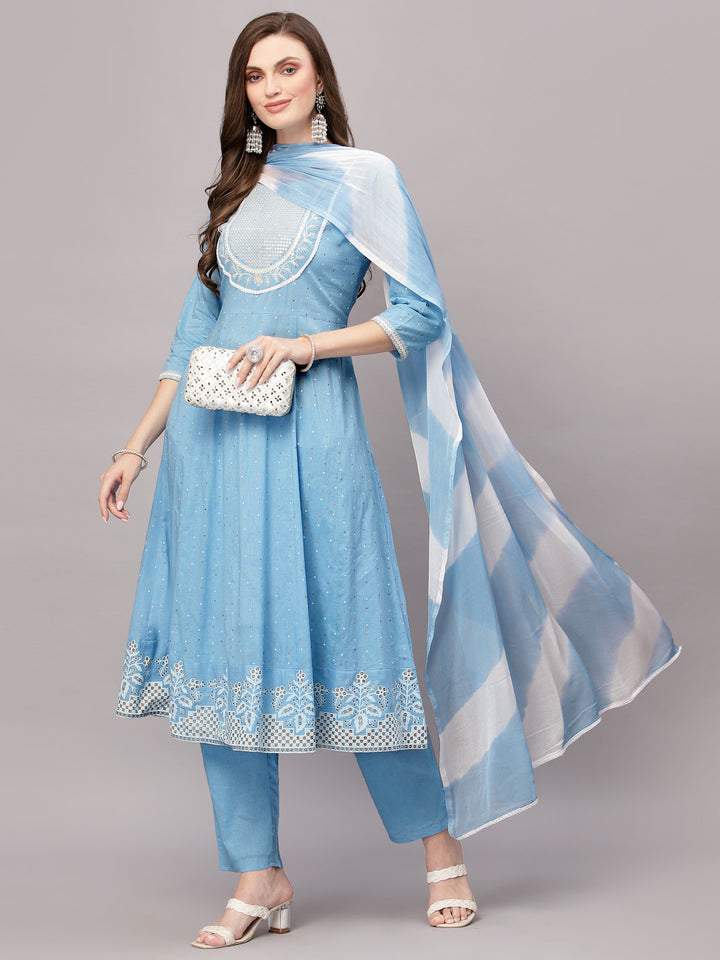 Printed &amp; Embroidered Cotton Anarkali Kurta Pant Dupatta Set