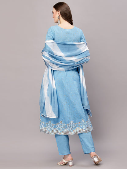 Printed & Embroidered Cotton Anarkali Kurta Pant Dupatta Set