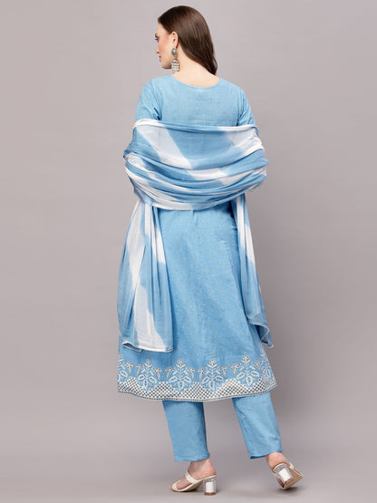 Printed & Embroidered Cotton Anarkali Kurta Pant Dupatta Set (Pre-Order)