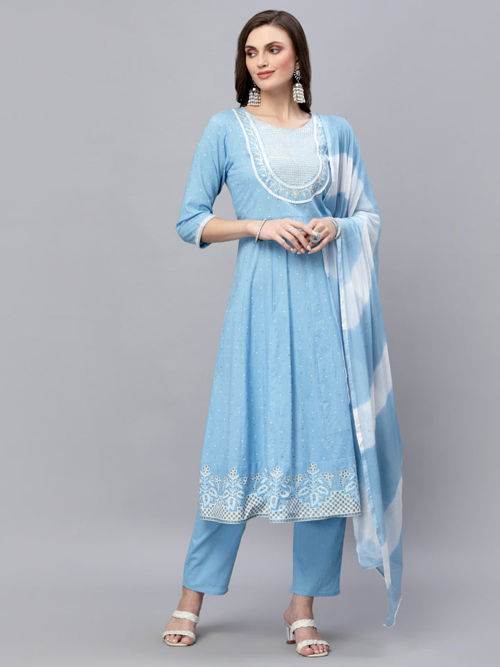 Printed &amp; Embroidered Cotton Anarkali Kurta Pant Dupatta Set