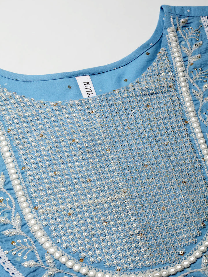 Printed &amp; Embroidered Cotton Anarkali Kurta Pant Dupatta Set
