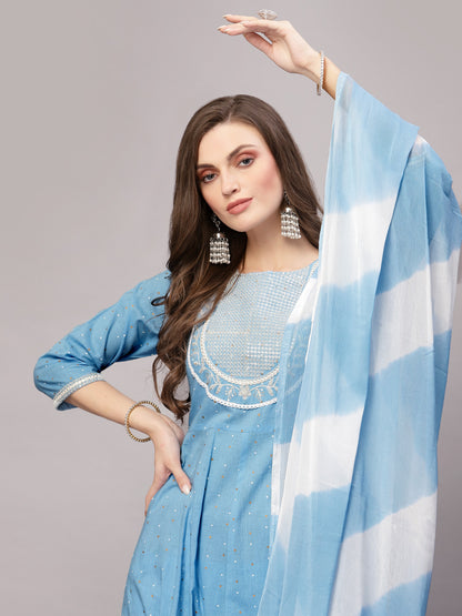 Printed & Embroidered Cotton Anarkali Kurta Pant Dupatta Set