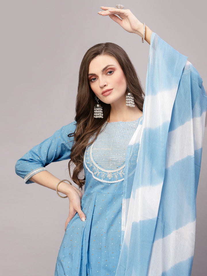 Printed &amp; Embroidered Cotton Anarkali Kurta Pant Dupatta Set