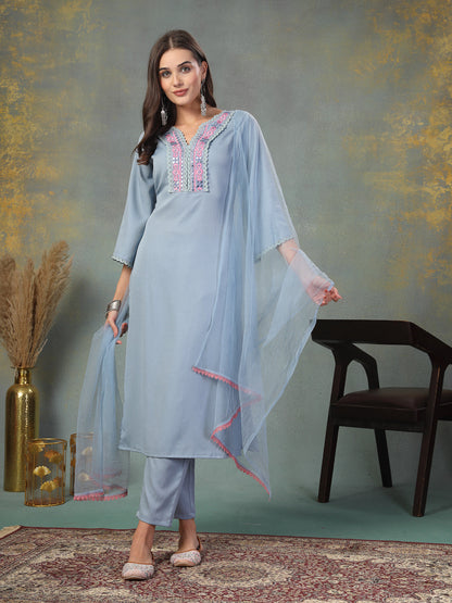 Sky Blue Solid & Embroidered Italian Crush Straight Kurta Pant Dupatta Set (Pre-Order)