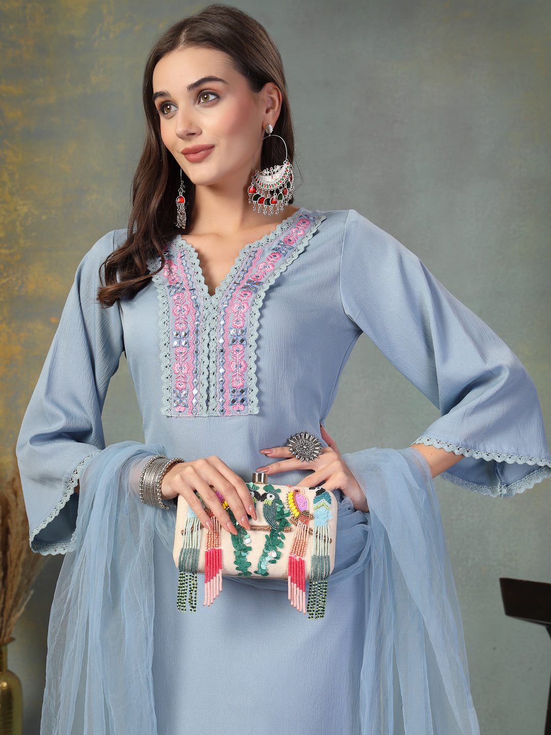 Sky Blue Solid & Embroidered Italian Crush Straight Kurta Pant Dupatta Set (Pre-Order)