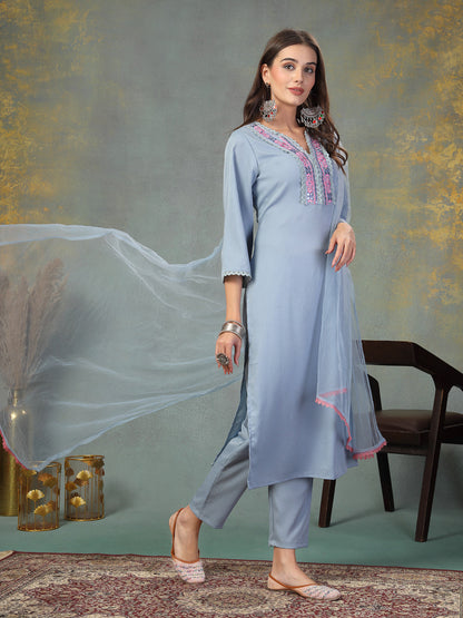 Sky Blue Solid & Embroidered Italian Crush Straight Kurta Pant Dupatta Set (Pre-Order)