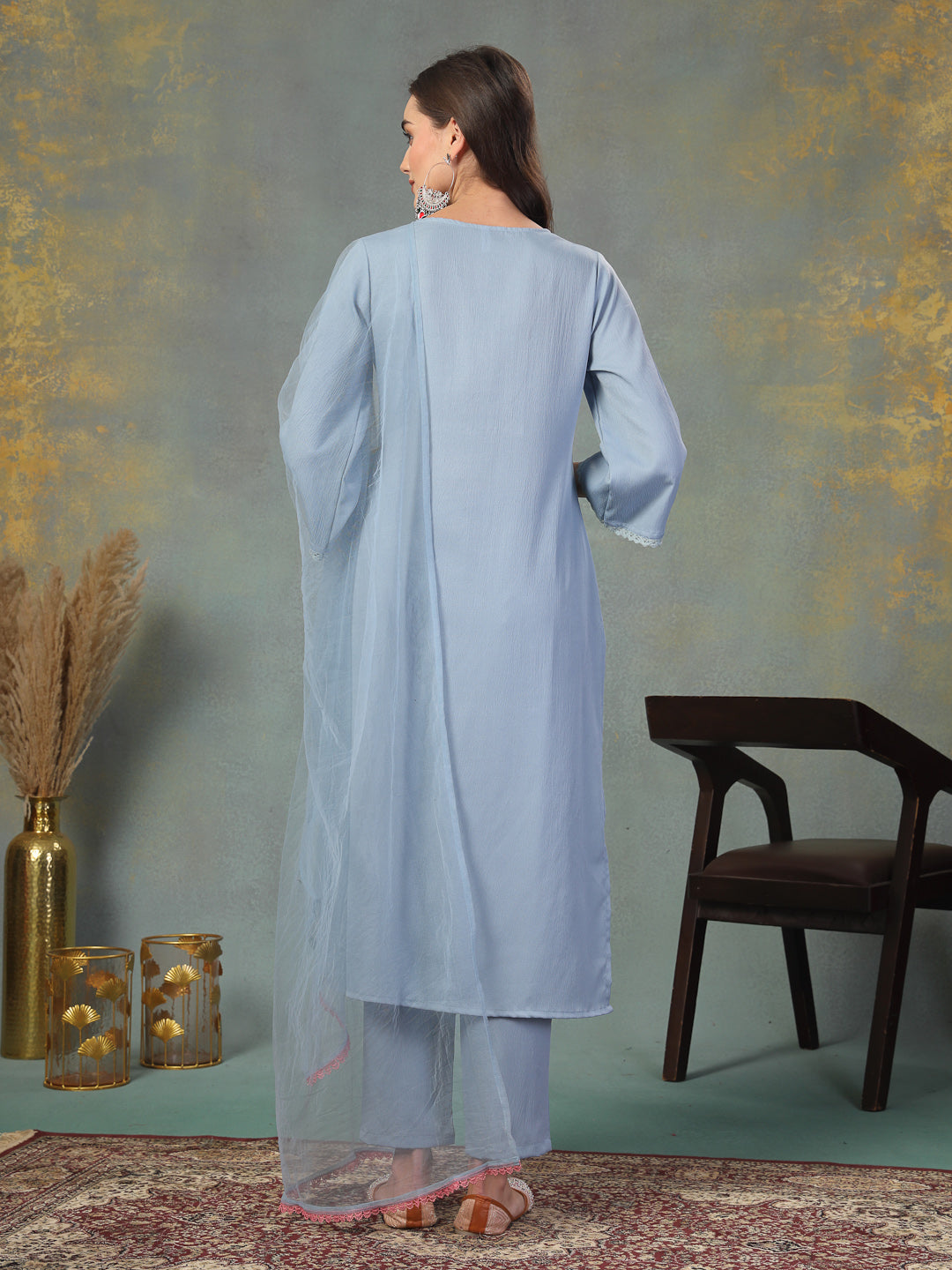 Sky Blue Solid & Embroidered Italian Crush Straight Kurta Pant Dupatta Set (Pre-Order)