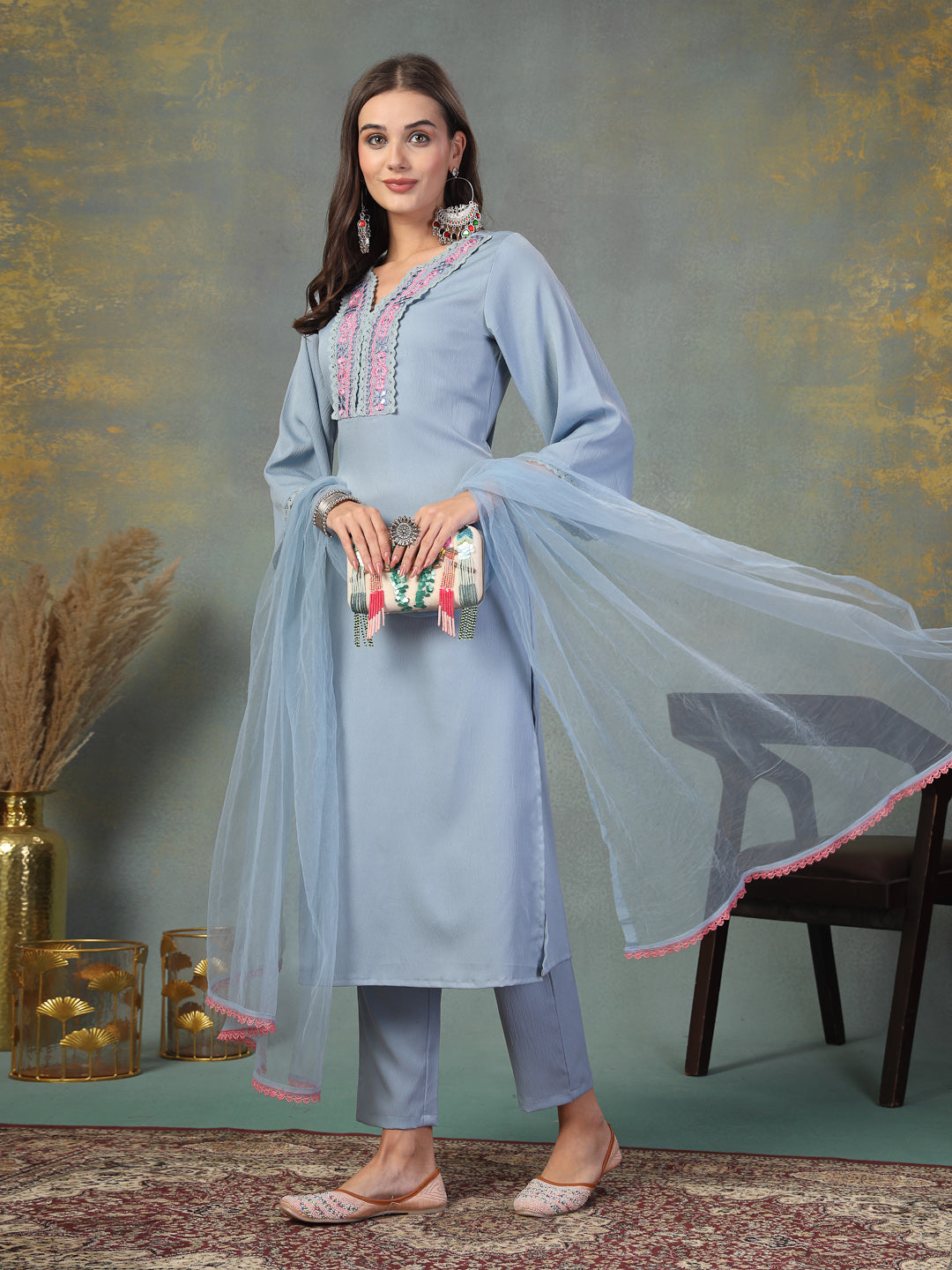 Sky Blue Solid & Embroidered Italian Crush Straight Kurta Pant Dupatta Set (Pre-Order)