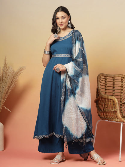 Teal Solid Crepe Flared Kurta Palazzo Dupatta Set