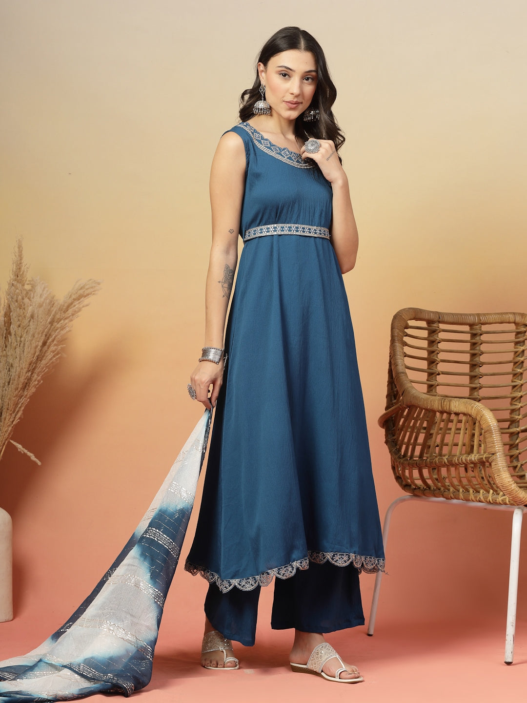 Teal Solid Crepe Flared Kurta Palazzo Dupatta Set