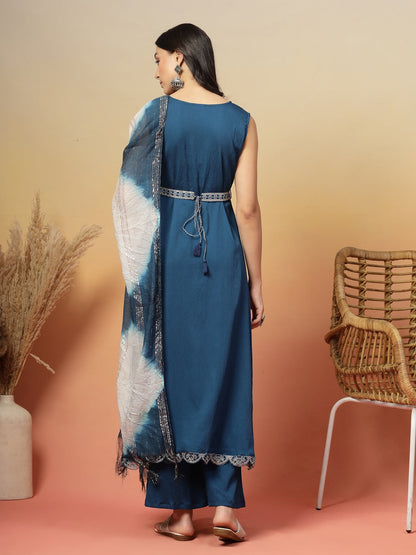 Teal Solid Crepe Flared Kurta Palazzo Dupatta Set
