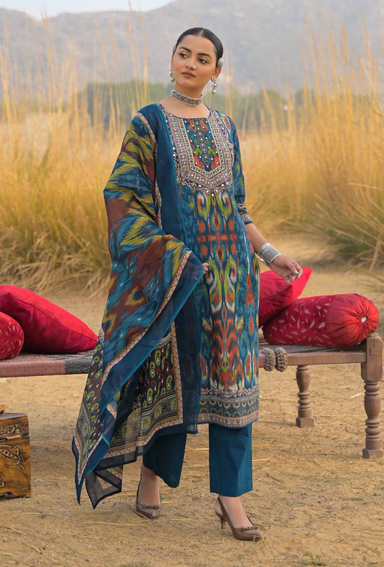 Ikat Printed Cotton Straight Kurta Pant Dupatta Set