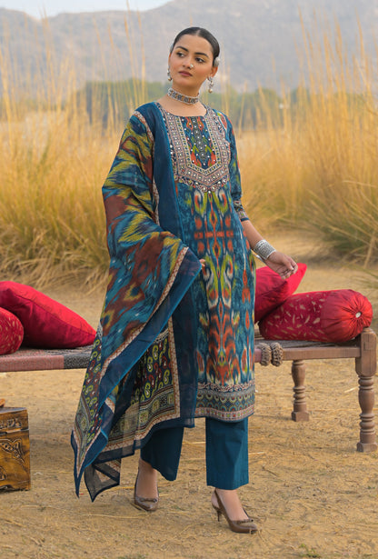 Ikat Printed Cotton Straight Kurta Pant Dupatta Set