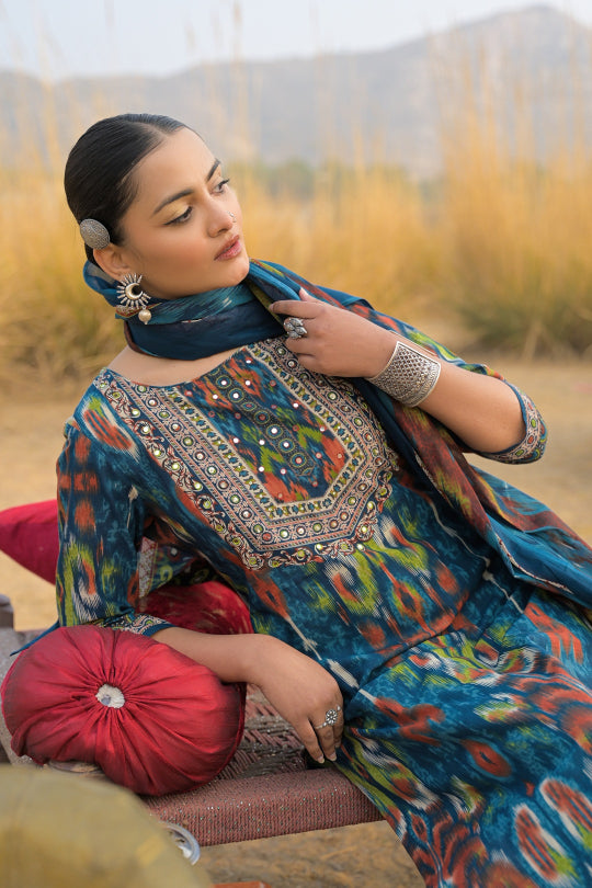 Ikat Printed Cotton Straight Kurta Pant Dupatta Set