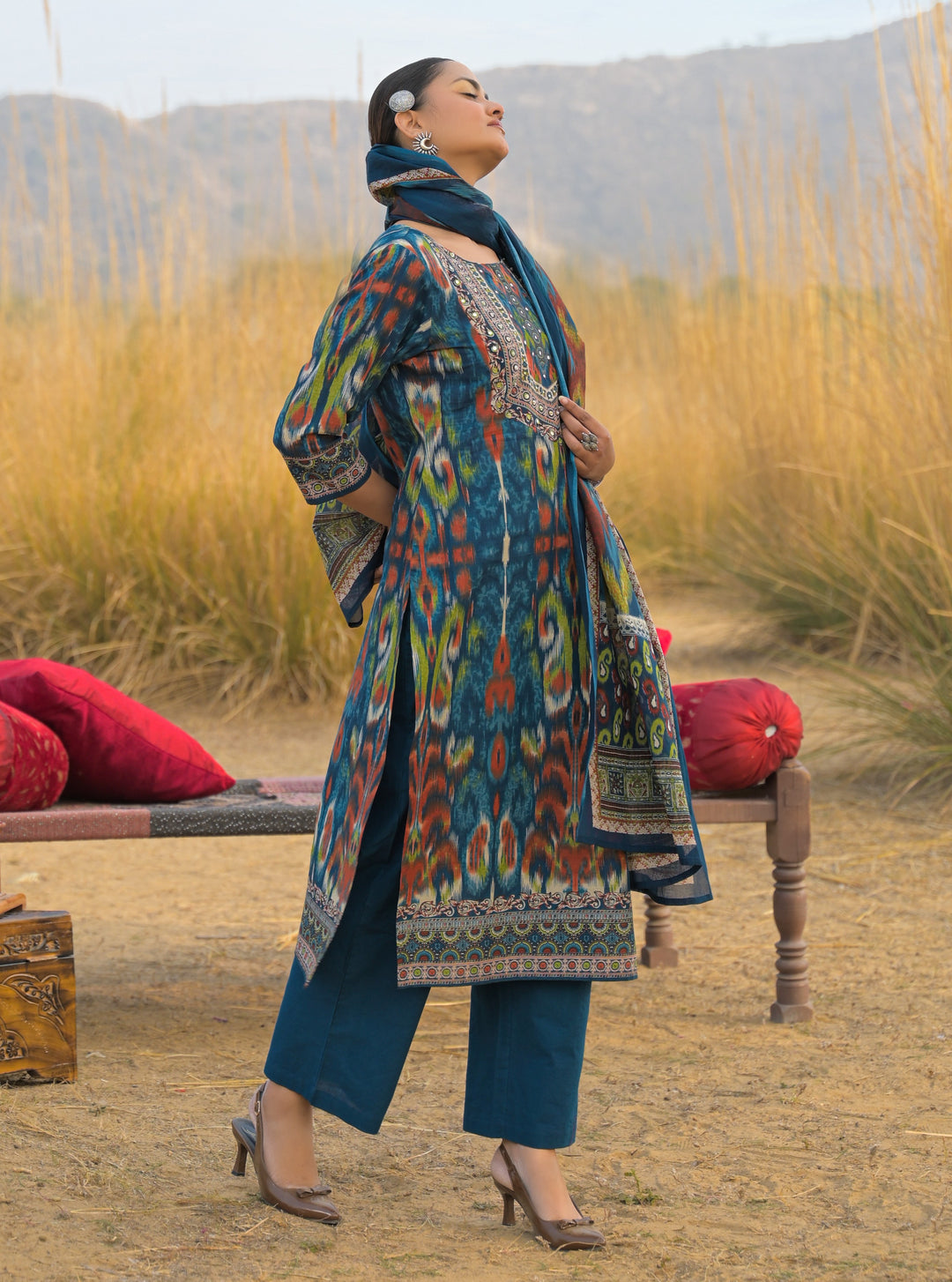 Ikat Printed Cotton Straight Kurta Pant Dupatta Set
