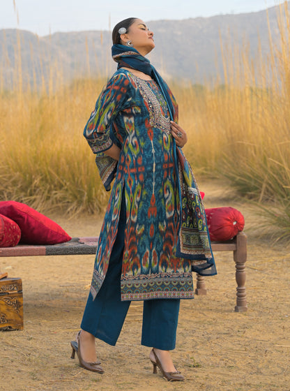 Ikat Printed Cotton Straight Kurta Pant Dupatta Set