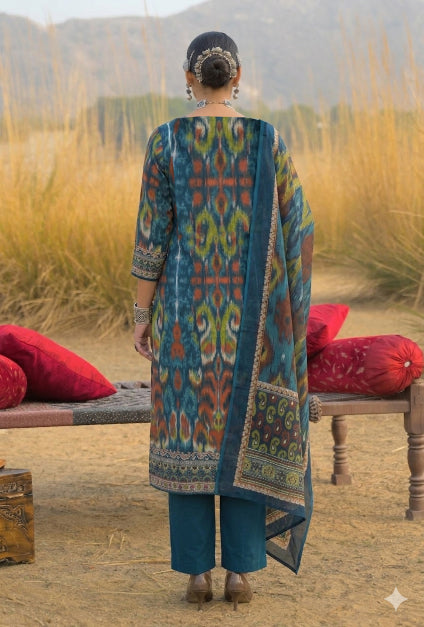Ikat Printed Cotton Straight Kurta Pant Dupatta Set