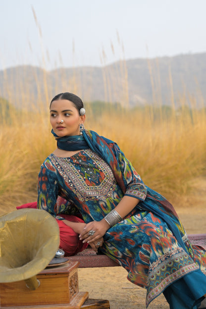 Ikat Printed Cotton Straight Kurta Pant Dupatta Set