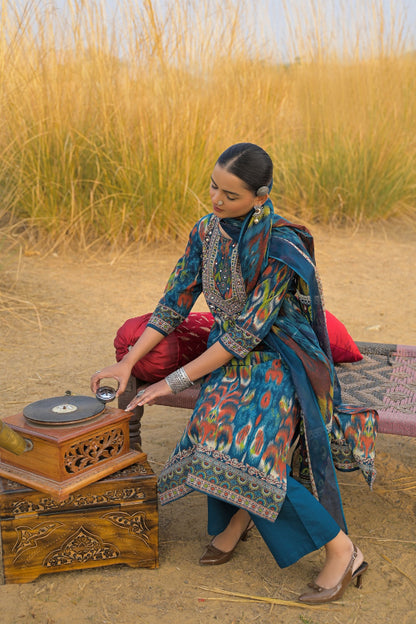 Ikat Printed Cotton Straight Kurta Pant Dupatta Set