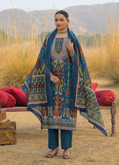 Ikat Printed Cotton Straight Kurta Pant Dupatta Set