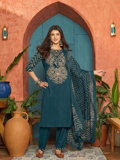 Bandhej Printed Cotton Straight Kurta Pant Dupatta Set
